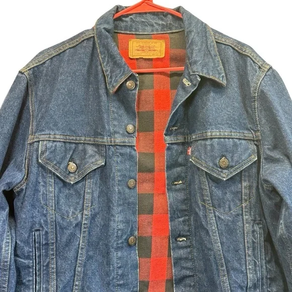 Levi's Vintage Red and Black Buffalo Plaid Trucker Denim Jacket. Size 42